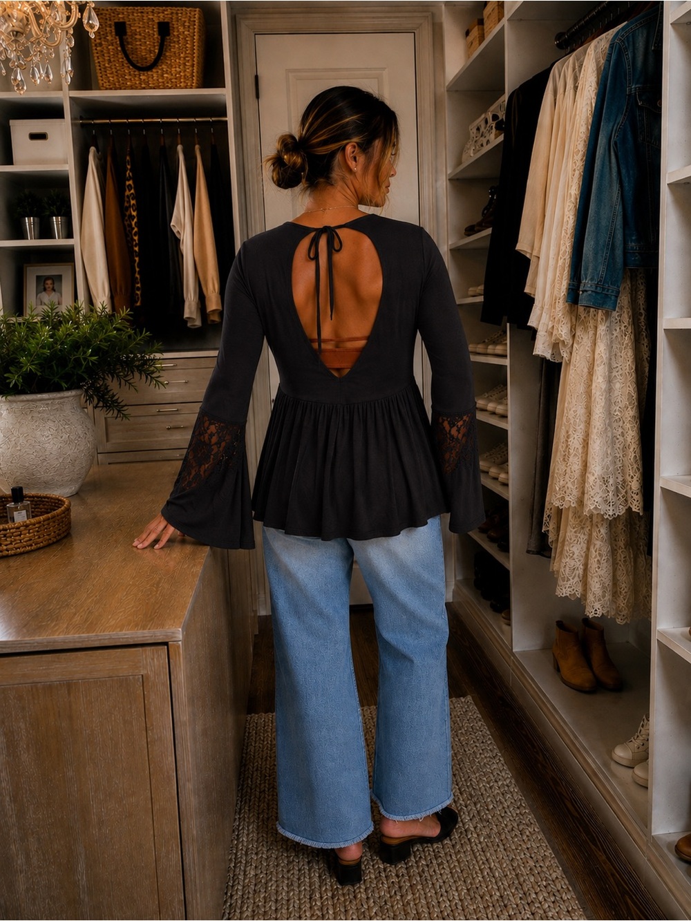 American Eagle Outfitters Black Open-Back Peplum Blouse with Lace Bell Sleeves